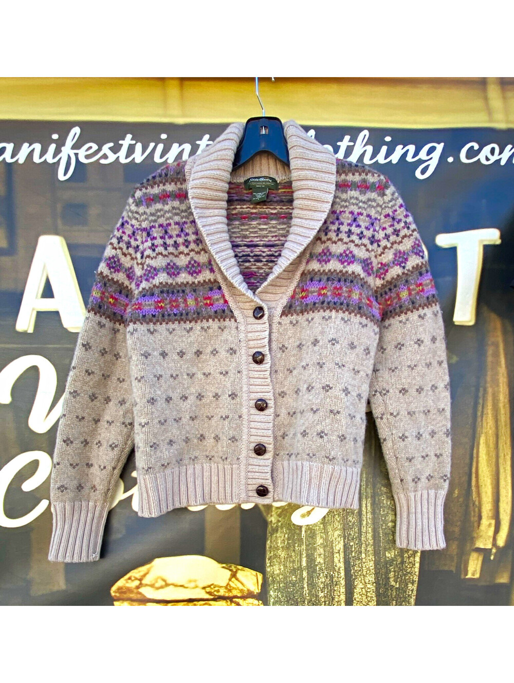 Vtg Eddie Bauer Fair Isle Lambswool Blend Button Front Shawl Collar Cardigan L